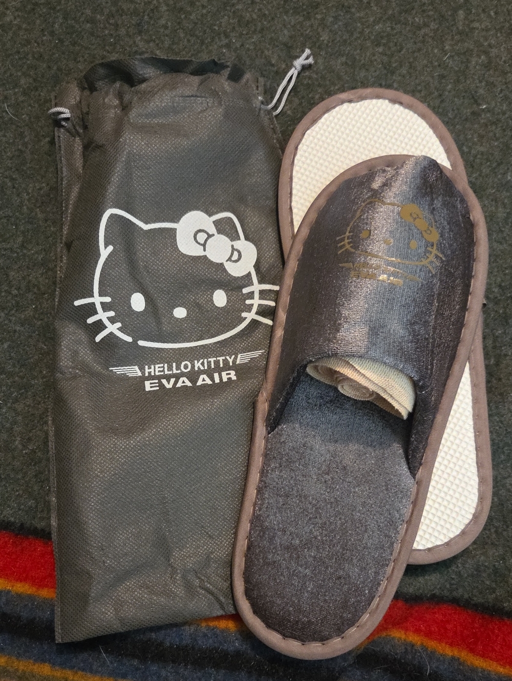 Hello Kitty Travel Slippers in Dark Gray with Gold Print
